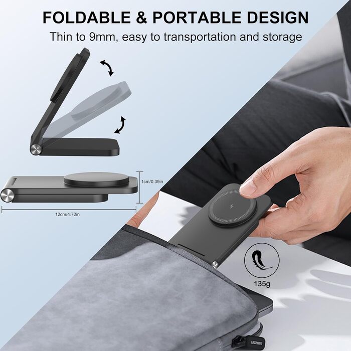 Бездротовий зарядний пристрій MagSafe, складаний, швидка зарядка, сумісний з iPhone 17/16/15/14/13/12, AirPods 3/2/Pro 2/Pro, чорний