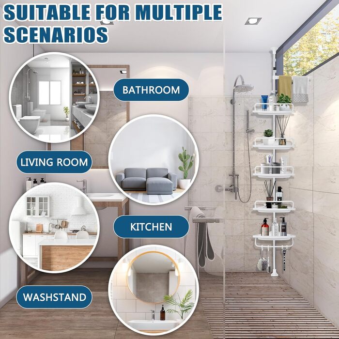 Телескопічна поличка для душу, регульована висота 100-310 см, 5 полиць з 4 гачками та тримачем для рушників, кутова поличка для ванної кімнати без свердління