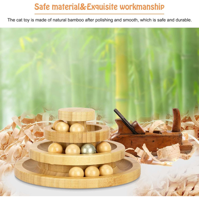 Cat Toy Self-Entertainment, Interactive Bamboo Cat Toy THREE Tiers Rotating Smart Track Ball Swing Roller with Bells