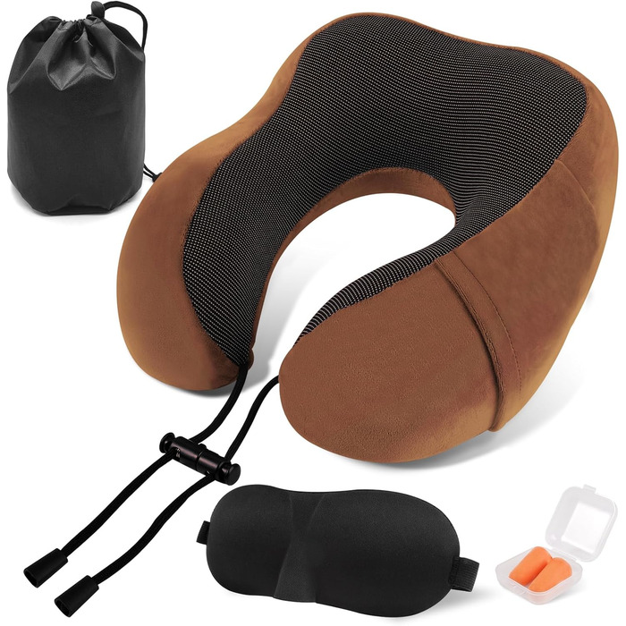 Подушка для шиї у вигляді звірка Memory Foam для дорослих з чохлами для вух, маскою для очей та сумкою. М'яка, дихаюча, ідеальна для подорожей, авто, офісу (колір: коричневий)