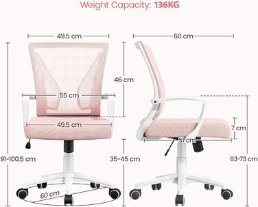 Офісне крісло Yaheetech ергономічне, з сітчастою спинкою, з підлокітниками, для офісу, комп'ютерне крісло, витримує до 136 кг, дихаюче, з функцією гойдання (Рожеве, фіксовані підлокітники)