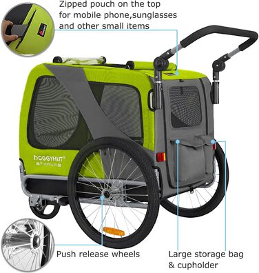 DOGGYHUT® Преміум великий велосипедний причіп для собак 2 в 1 / Візок-бігунок для собак / Причіп для собак великого розміру, 270 літрів, для собак середніх та великих порід до 35 кг (зелений / чорний)