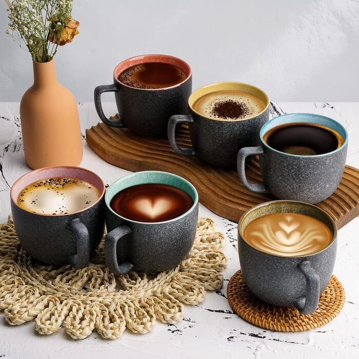 MIAMI - Set of 6 x 470 ml Coffee Cups/Mugs/Large Coffee Cups/Modern Coffee Cups made of stoneware - Las Palmitas Collection, Set of 6