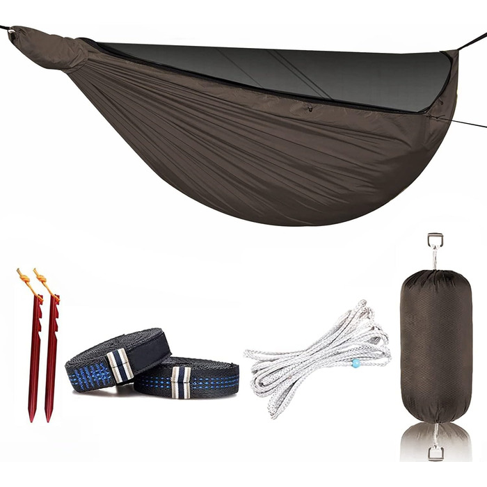 Onewind Premium 11' Camping Zippered Hammock, Single Portable Hammock with Mosquito Net and Tree Straps for Travel, Camping, Backpacking, and Hiking… (Braun, 335cm*162cm)