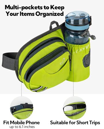 Спортивна поясна сумка Waterfly з тримачем для пляшки, для жінок та чоловіків, дихаюча, для бігу, велоспорту, кемпінгу, подорожей та активного відпочинку (світло-зелена)