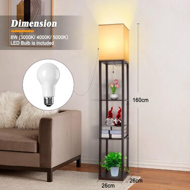 Світлодіодна торшер з дерева, 1.6м, з цоколюванням E27 (3000K-5000K), ретро торшер з 3 полицями, 3 колірні температури, настільна лампа з абажуром для спальні, кута, вітальні, офісу (коричневий)