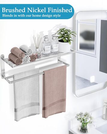 Тримач для рушників у ванну кімнату – 61 см, полиця для рушників з подвійною перекладиною, нікельована сталь, кріплення на стіну, 2-ярусний, для ванної кімнати та туалету