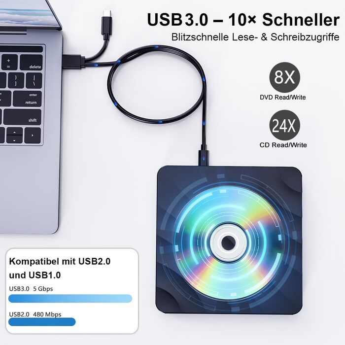 Зовнішній DVD-CD привід USB: DVD-рекордер та плеєр для ноутбука та ПК, оптичний накопичувач +/-RW ROM, сумісний з Windows 11/10/8/7, Linux, MacOS, чорний
