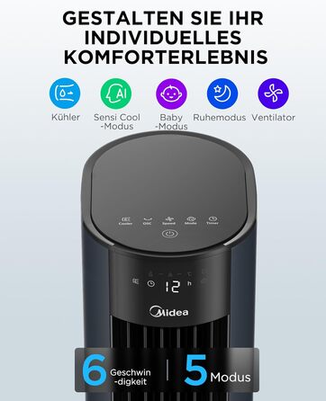 Мобільний охолоджувач повітря Midea Sensicool з 7л резервуаром для води | Без шлангів | 2000 м³/год, 6 швидкостей, сенсорне керування (Блакитний)