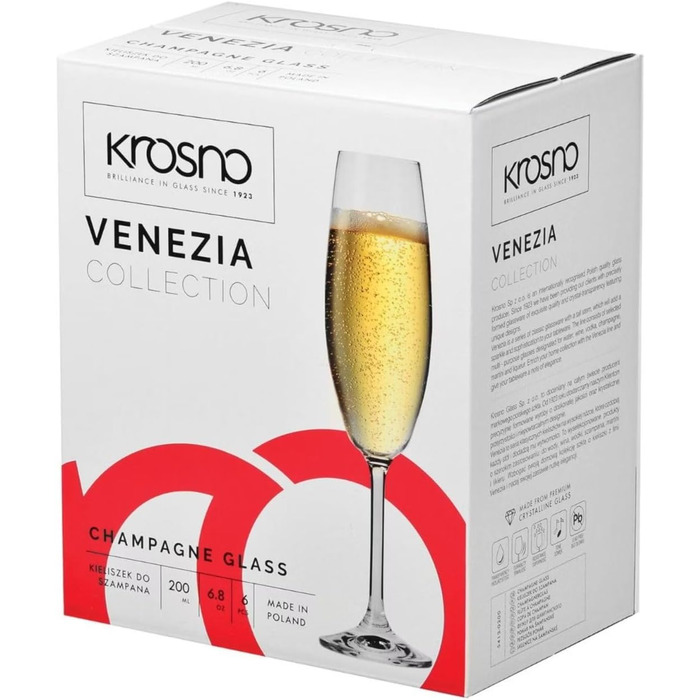 Krosno Champagne Flutes | Set of 6 | 200 ML | Venezia Collection | Perfect for Home, Restaurants, and Parties | Dishwasher Safe