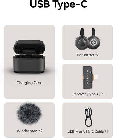 Hollyland Lark M2S Бездротовий мікрофон-лапка з USB-C для iPhone 15/16 та Android, кліпса з титану, Plug-and-Play, шумозаглушення, радіус дії 300 м, 27 годин роботи від акумулятора (2TX+1RX+зарядний пристрій) Чорний