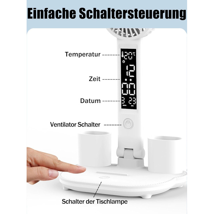 LED-лампа настільна з вентилятором для дітей WLHONG з годинником, тримачем для ручок, календарем та датчиком температури, 3 режими кольору, регульована яскравість, ідеальна для читання