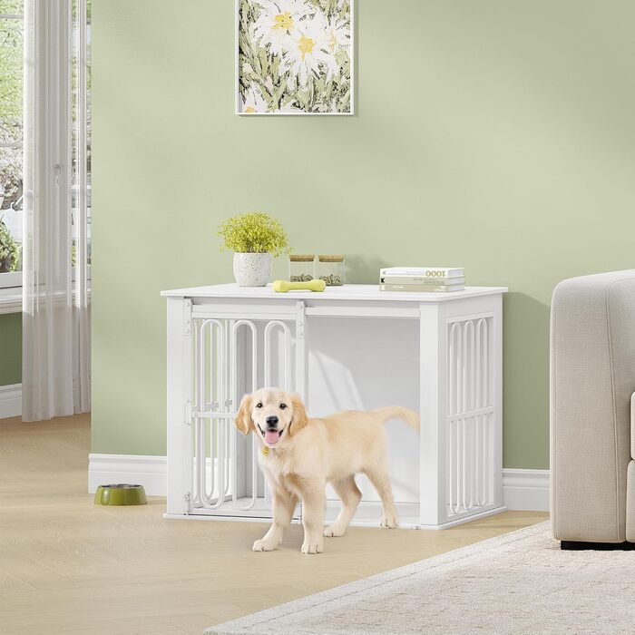 Дерев'яний вольєр для собак, 81 см, переноска для собак, клітка з 2 дверцятами, розсувні двері, для маленьких та середніх собак, міцний, з функцією столику, 81 × 55 × 62,4 см, білий