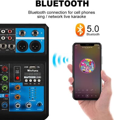 Міні аудіо DJ-мікшер 5-канальний з Bluetooth, USB, MP3, 48V фантомним живленням, стерео, для професійного студійного та сценічного використання, вечірок, KTV