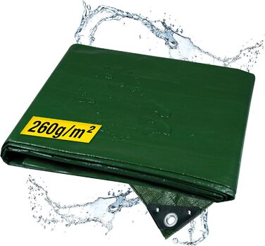 Waterproof tarpaulin 260g/m² 8x10m with tear-resistant eyelets, sandbox and pool cover, woven tarpaulin for car, motorcycle, bicycle - Windproof cover for outdoor use, green