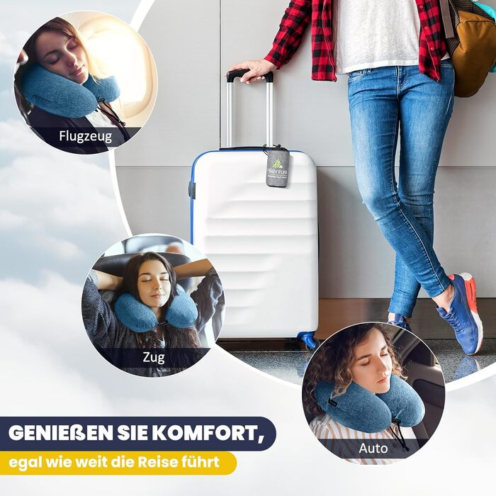 Подушка для шиї HIKENTURE надувна для подорожей літаком/поїздом з чохлом, синього/темно-синього кольору. Надувна подушка для шиї, зручна для дорослих.