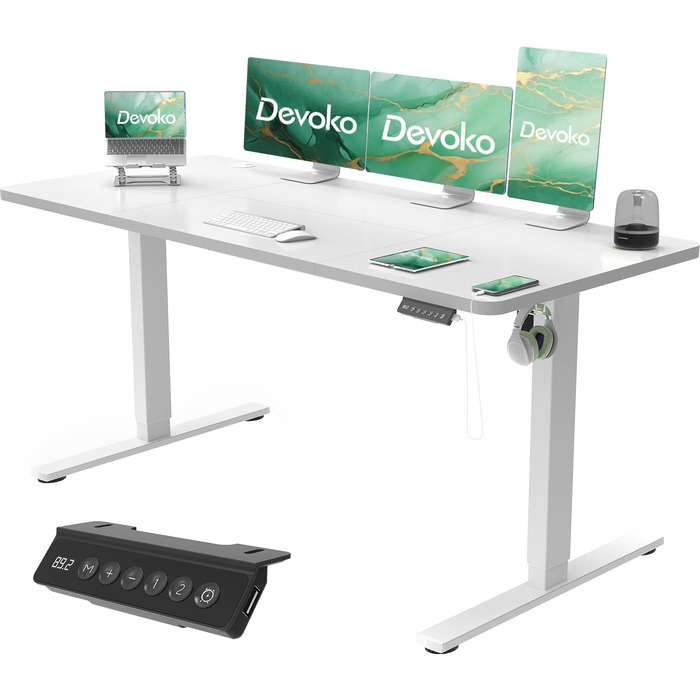 Електричний регульований стіл Devoko 160x70 см з USB, білий – письмовий стіл для офісу, комп'ютерний стіл стоячи-сидячи