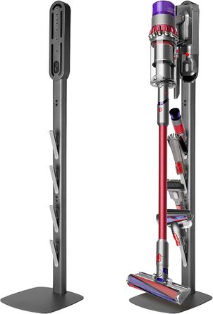 Підставка для пилососів Dyson G5, V15, V12, V11, V10, V8, V7, V6, металева, з 4 гачками та 4 полицями, без свердління, стабільна, на підлогу, приховане кріплення кабелю (темно-сірий)