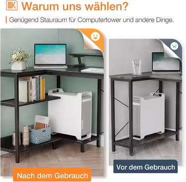 ODK L-Shaped Desk, Desk with Shelf Reversible, Gaming Desk L Shape Desk with Monitor Stand, Computer Desk PC Desk Office Desk for Home Office (Brown, 120x80x88cm)