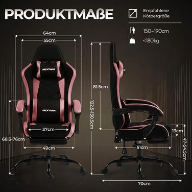 Геймерське крісло Nexthra Ergonomisch з підставкою для ніг, до 180 кг, рожеве. Офісне крісло для геймінгу та роботи, з регульованою спинкою 150°