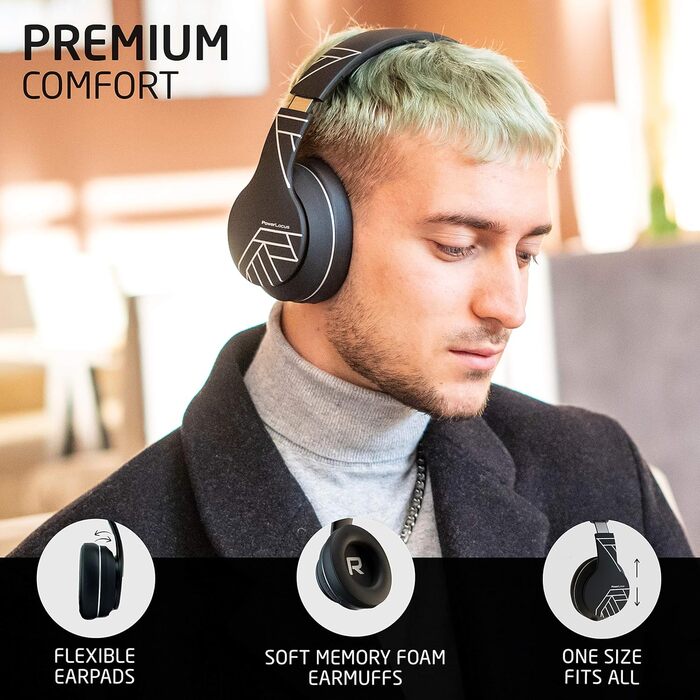PowerLocus P6 Bluetooth навушники Over-Ear, бездротові з супер басами, 40 годин відтворення, мікрофон, голосовий асистент, активне шумопоглинання для iPhone, Samsung, iPad, PC, Laptop, TV, чорний/срібний