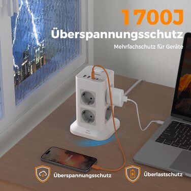 Розподільник розеток TESSAN з 8 розеток, 2 USB-C, захистом від перенапруги, 4 USB, вимикачем та кабелем 2м (сірий/білий)