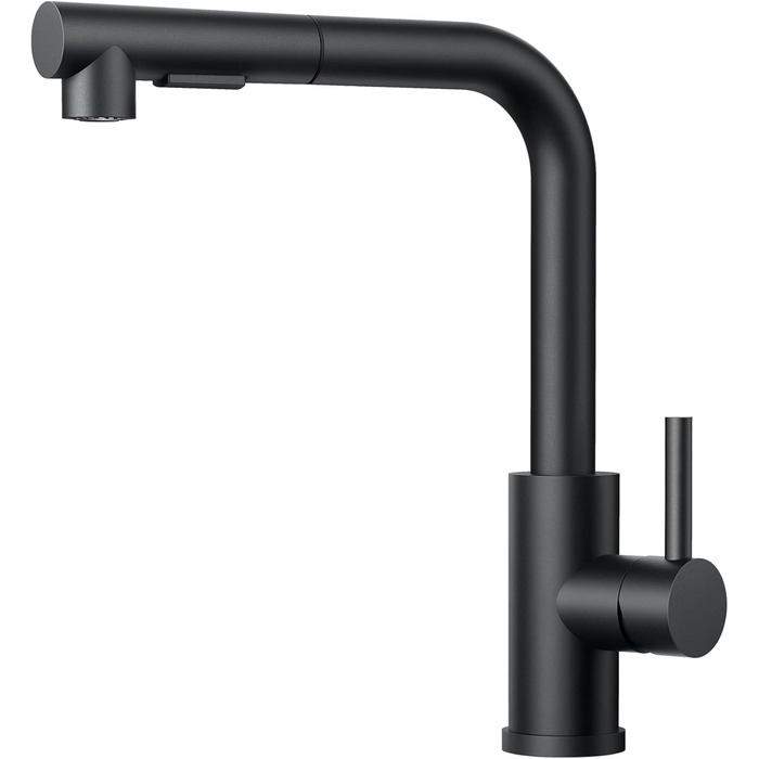 Змішувач для кухні FORIOUS висувний з душем, кухонний змішувач, L-подібний, 2 режими розпилення, поворотний 360°, матовий чорний