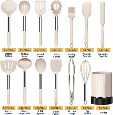 Silicone Cooking Utensil Set, Mushroom, Non-Stick Coated, Kitchen Gadgets, 24-Piece Cooking Utensil Set, Heat-Resistant Cookware, Silicone Kitchen Tools with Stainless Steel Handle (Khaki-24-Piece)