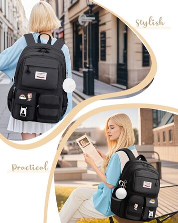 Шкільний рюкзак Tanou для дівчаток-підлітків, 9-16 років. Великий, водонепроникний, з брелоком (чорний)