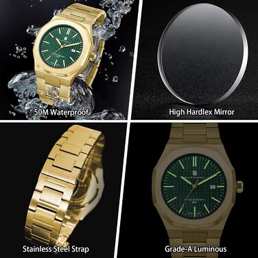 Годинник SAPPHERO для чоловіків: класичні кварцові годинники з нержавіючої сталі, водостійкі 50M, з календарем, зелене циферблат, золотий браслет. Елегантний подарунок для чоловіків.