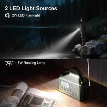 Сонячне радіо на ручку з Bluetooth, AM/FM/SW аварійне радіо з Powerbank 10000mAh, радіо на батарейках з SOS-сигналом, компас, LED-ліхтарик, лампа для читання, для відключення електроенергії, виживання, кемпінгу