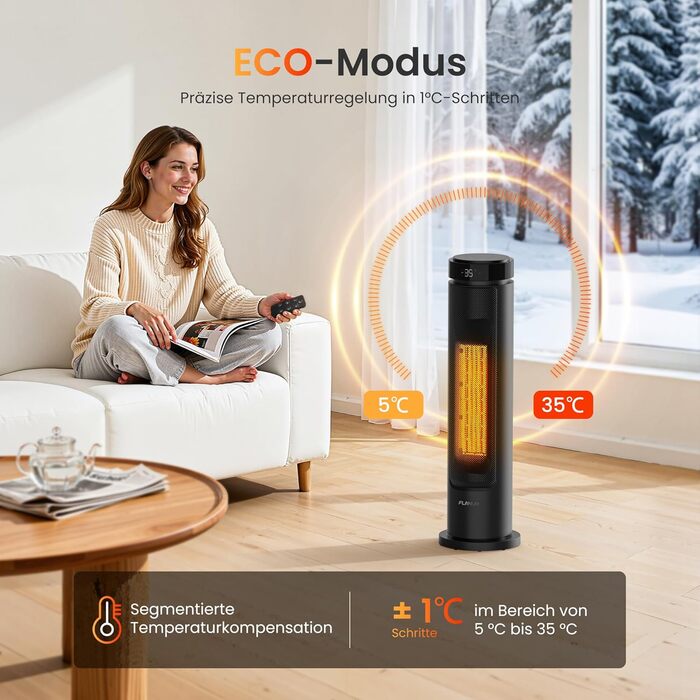 Електричний обігрівач PTC 2000W з керамічним нагрівачем, тихий, з термостатом та пультом керування, ECO режим, 70° осциляція, таймер 12h, захист від перегріву та перекидання, чорний, 1 шт (60 см)