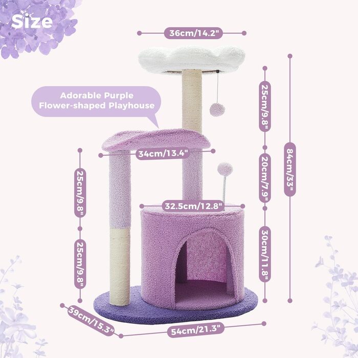 PETEPELA Cactus Scratching Post Small 84cm Modern Cat Tree Detachable Top Bed, Plush Cave, 2 Sisal Pillars, 2 Play Balls, Green (Purple)