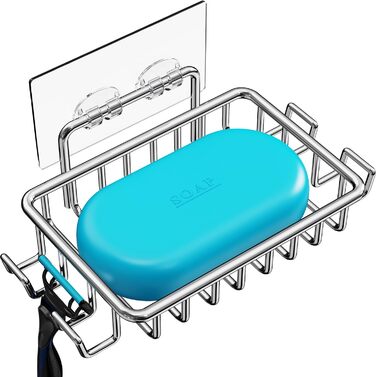 Тримач для мила з нержавіючої сталі з 4 гачками та зливом, самоклеючий, для душу та ванної кімнати (срібний)