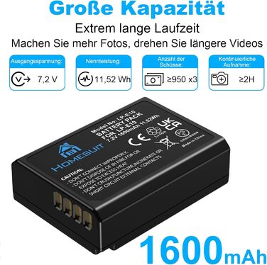 Акумулятор LP-E10 1600mAh Homesuit + LED зарядний пристрій для Canon EOS 1100D, 1200D, 1300D, 2000D, Rebel T3, T5, T6, T7, Kiss X50, Kiss X70 (2 шт. акумулятори + 1 зарядний пристрій)