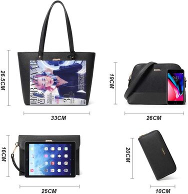 YTL Сумка жіноча Tote Shopper велика, чорна: набір 4 в 1 (офіс, школа, подорож)