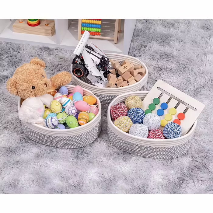 Regal storage baskets for organizing, decorative basket for toy storage and trash cans, small woven rope baskets, 33x21 cm, 3 pack, Green (Off White & Mixed Grey)