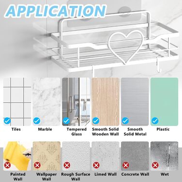 Двосекційна поличка для душу без свердління з 4 гачками, органайзер для шампуню та мила, поличка для ванної кімнати (11.5 см, білий)