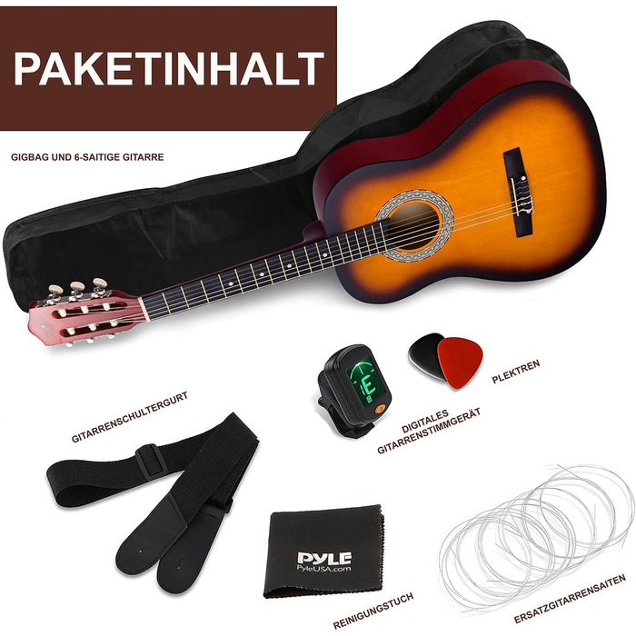 Акустична гітара Pyle для дітей та початківців, ½ розміру, з аксесуарами (сумка, тюнер, медіатор), чорний матовий сонцевий бьорст, 91 см