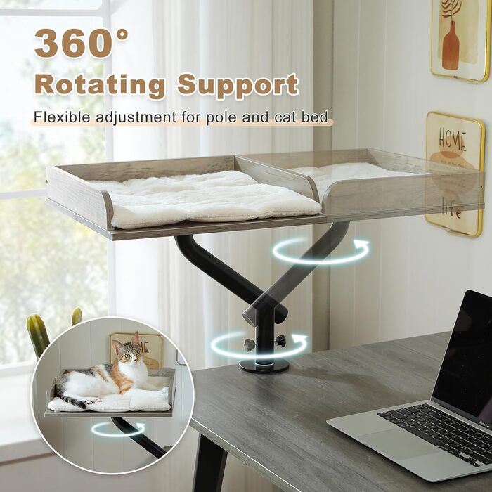 Кігтечка-ліжко для котів PAWZ Road з інтерактивним м'ячиком, крутиться на 360°, підходить для ваги до 22.5 кг (сірий, прямокутне дерев'яне ліжко)