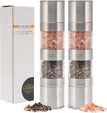 Мельниця для солі та перцю 2-в-1 з нержавіючої сталі | Ручна мельниця для спецій з керамічним жорном та регульованим ступенем помелу