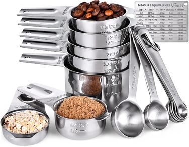 U-Taste Measuring Cups and Spoons with Scale, 15 Piece Set Made of 18/8 Stainless Steel: 7 Cup Beakers & 7 tsp/tbsp Measuring Spoons with 2 D-Rings and 1 Professional Magnetic Conversion Chart (Silver)