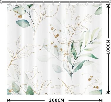 Штора для душу 200x180 см з евкаліптом, зелені листки, анти-грибок, акварель, рослини, водонепроникна, поліестер, з 12 гачками для ванної кімнати