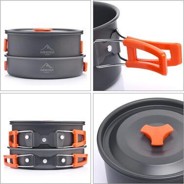 Набір посуду для кемпінгу WIDESEA на 2-3 особи, антипригарне покриття, сковорода, каструля та чайник, набір мірний, для походів/трекінгу/пікніків на природі (світло-сірий)