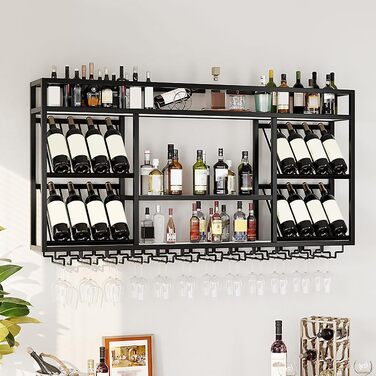Настінна вітрина для вина з тримачем для келихів, 3-ярусна, металева вітрина в стилі рустік для напоїв, для домашнього бару, зберігання вина на кухні (Чорний, 100см)