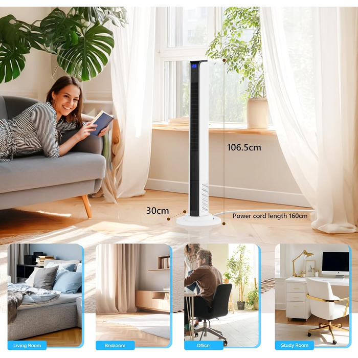 Вентилятор вежний Bonnlo з пультом, Wi-Fi, LED-дисплеєм, 3 швидкості, 3 режими (природний/звичайний/нічний), 60° осциляція, 24 ft/s, 40 дБ, білий