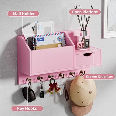 Настінна органайзер для ключів з 6 гачками та шухлядою, дерев'яний, для дому, офісу, прихожої (білий, рожевий)