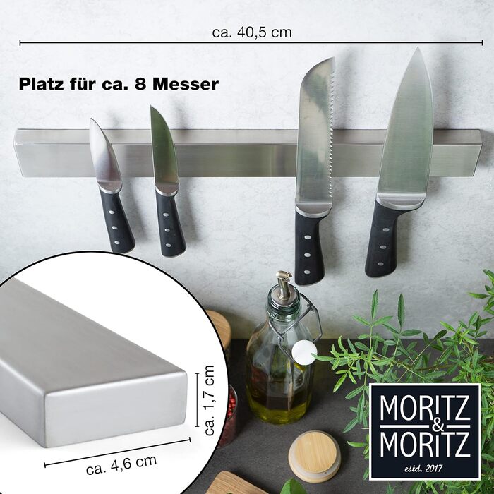Магнітна планка для ножів Moritz & Moritz 40 см, самоклеюча або для свердління, тримач для ножів з нержавіючої сталі для кухонного приладдя та інструментів