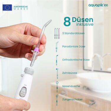 Іригатор для порожнини рота Munddusche Aquapik 100 – рекомендований стоматологами пристрій для видалення нальоту з 8 насадками, 10 рівнями тиску, баком 600 мл, поворотним 360° наконечником, шлангом 100 см, ідеальний для імплантів та ортодонтії, білий