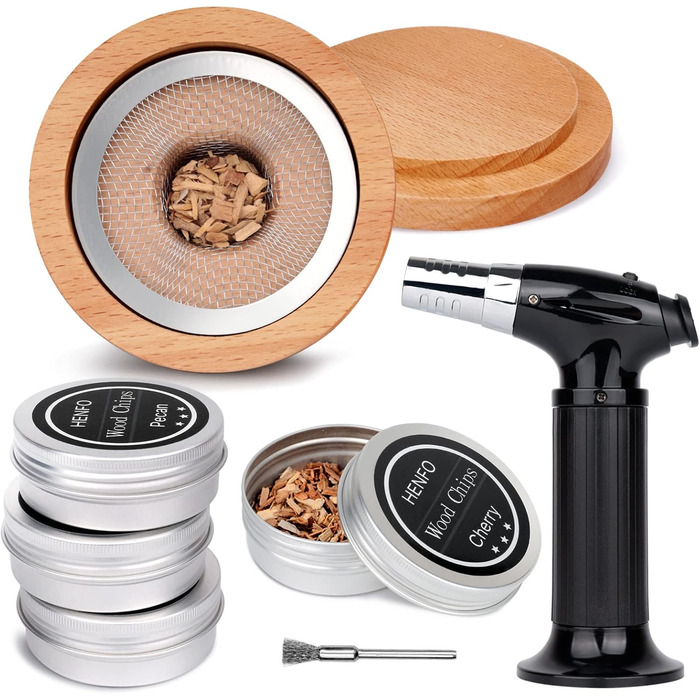 Набір для копчення коктейлів з ліхтариком: кулінарна запальничка для коктейлів, віскі та напоїв, 4 смаки дерев'яної стружки